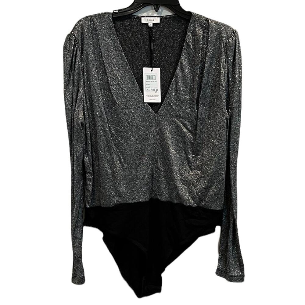 Reiss Rosie Metallic Bodysuit Silver Long Sleeve Deep V NWT Size L